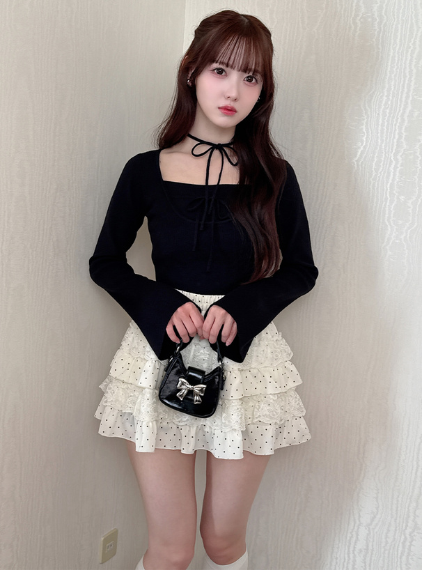 レイヤード風リボンニットトップス