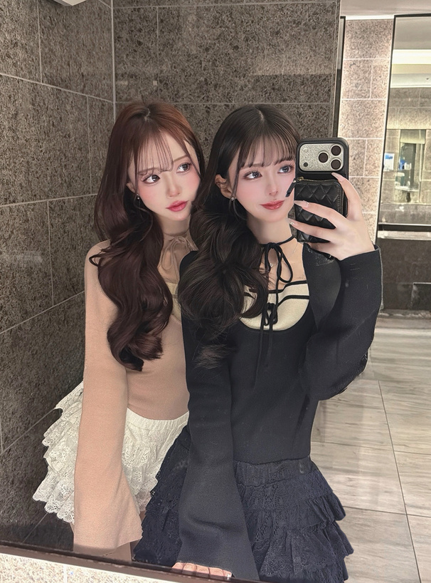 レイヤード風リボンニットトップス