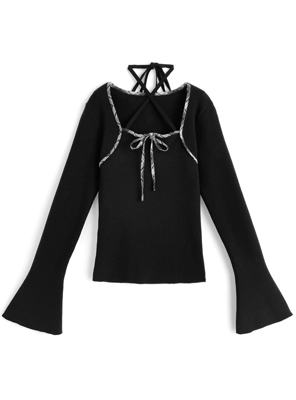 チェック柄リボンホルターネックニットトップス[ru1639]