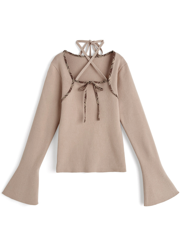 チェック柄リボンホルターネックニットトップス[ru1639] | レディース