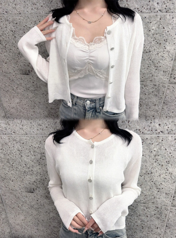 ビジューボタンシアーニットカーディガン