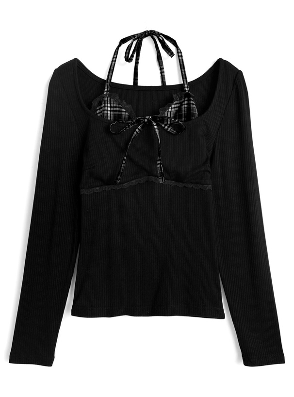 チェック柄ホルターネックレイヤード風リブトップス[ru1674]