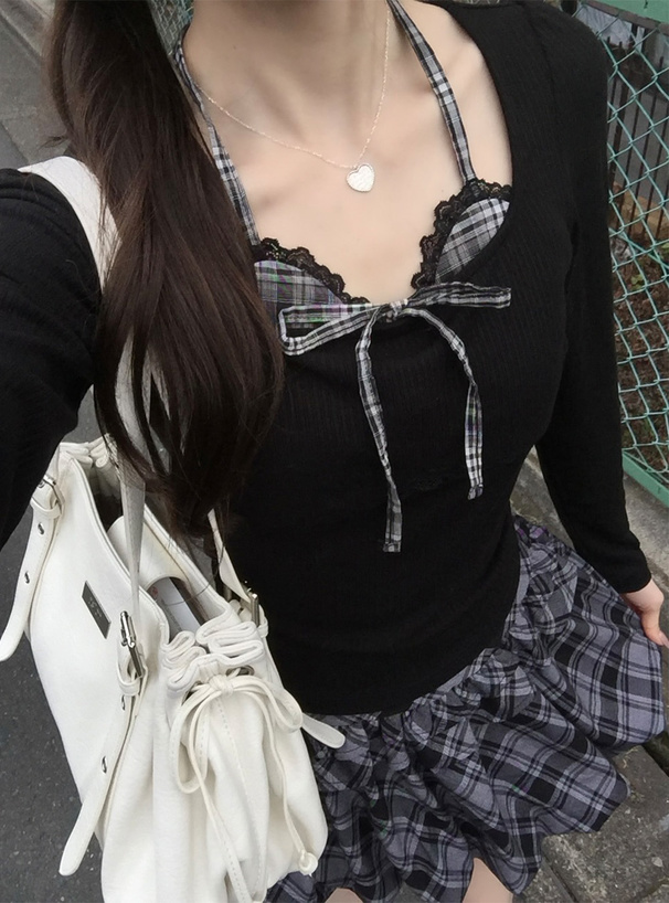 Rene チェックトップス美品 36 フェザー×パイルチェックニットトップス [N1113] - レディース