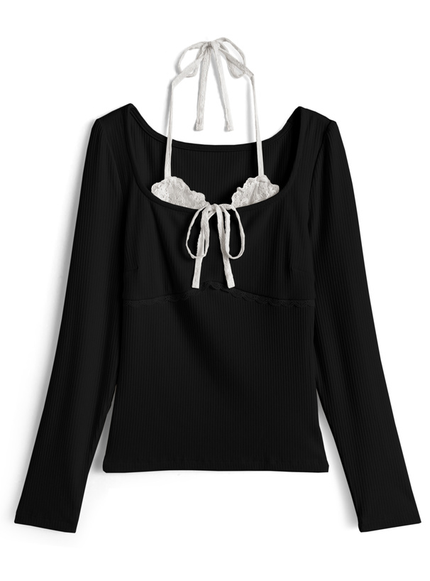 レースホルターネックレイヤード風リブトップス