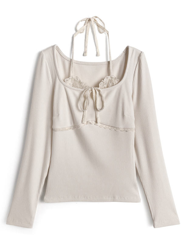 レースホルターネックレイヤード風リブトップス
