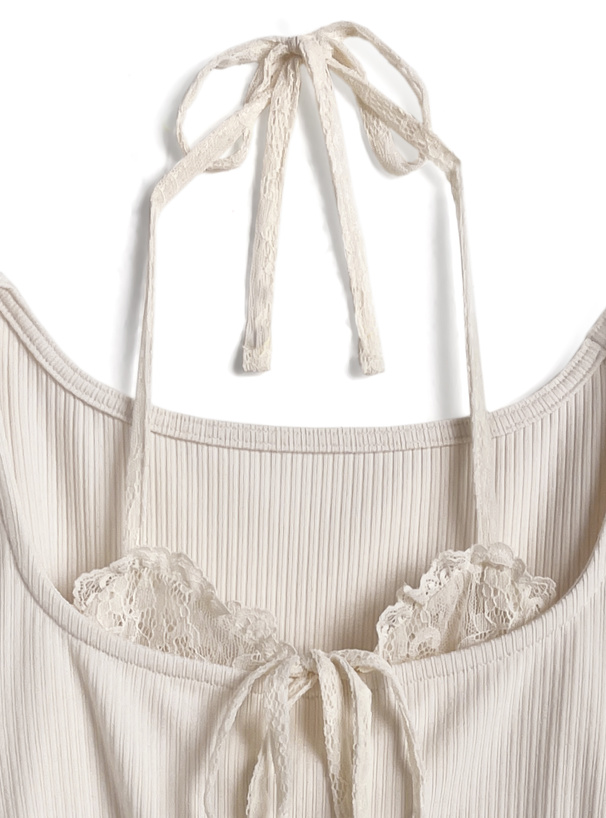 レースホルターネックレイヤード風リブトップス