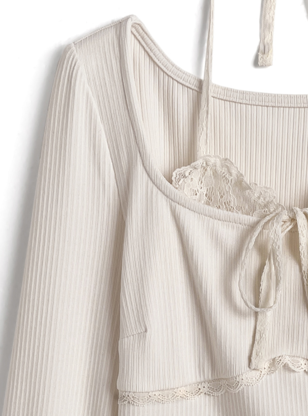 レースホルターネックレイヤード風リブトップス
