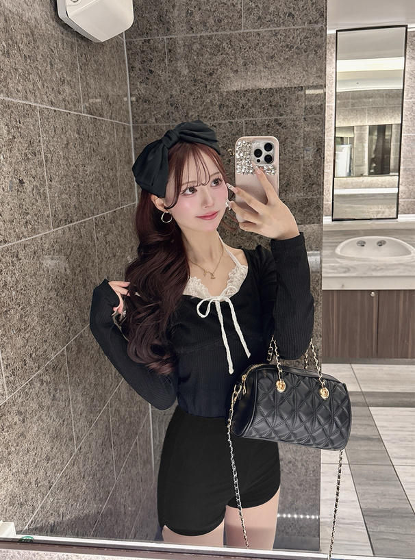 レースホルターネックレイヤード風リブトップス