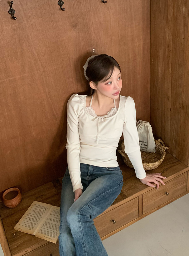 レースホルターネックレイヤード風リブトップス