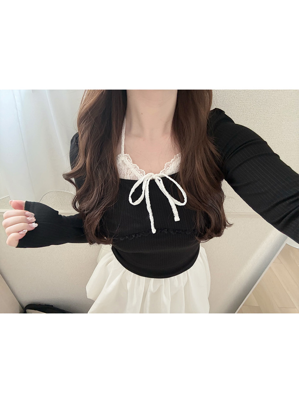 レースホルターネックレイヤード風リブトップス