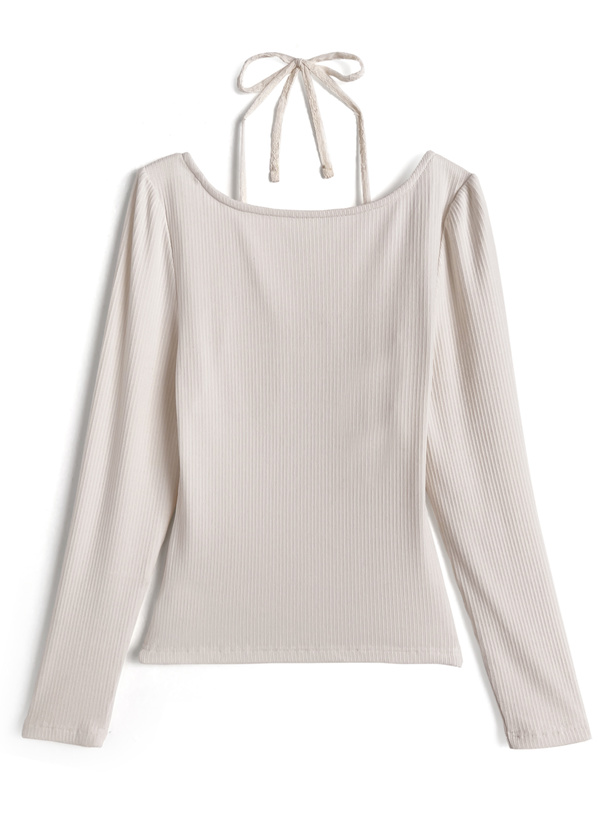 レースホルターネックレイヤード風リブトップス