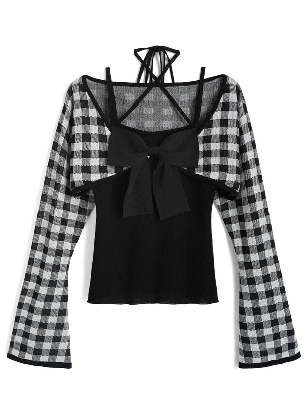 チェック柄ボレロ×ホルターネックリボンキャミソールニット