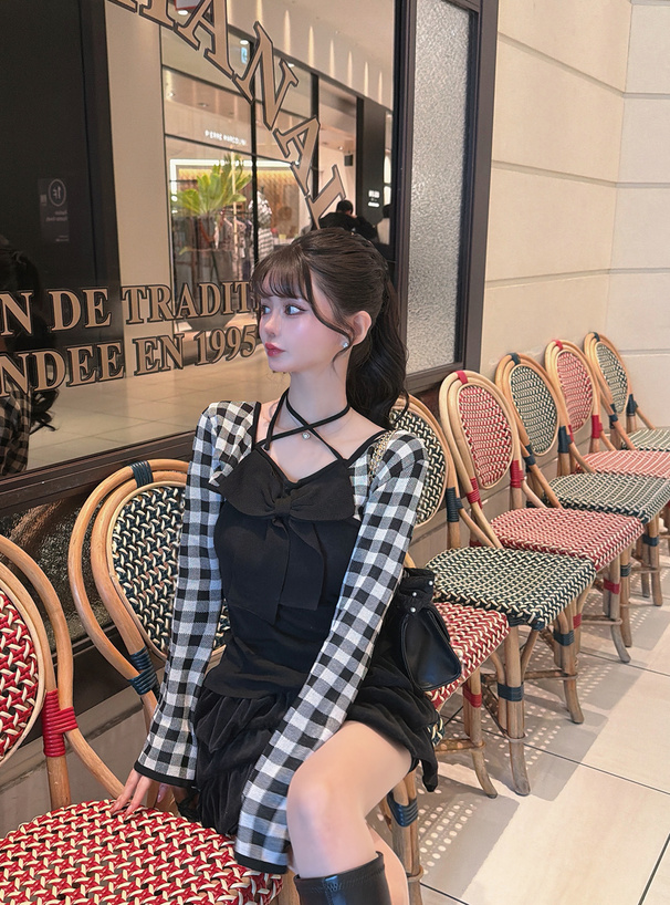 チェック柄ボレロ×ホルターネックリボンキャミソールニット