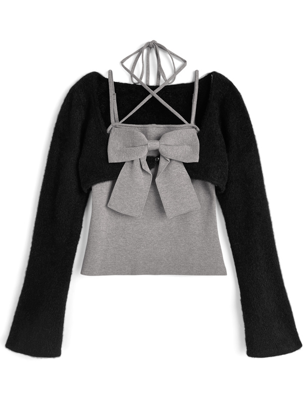 シャギーボレロ×ホルタ-ネックリボンキャミソールニットアンサンブル[ru1681]