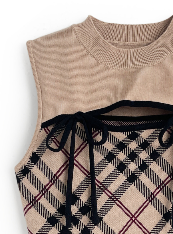 チェック柄フロントオープンリボンノースリーブニットミニワンピース