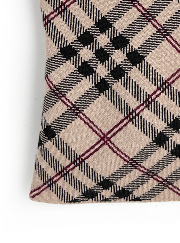 チェック柄フロントオープンリボンノースリーブニットトップス