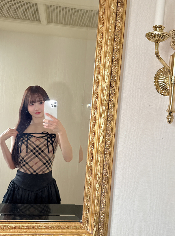 チェック柄フロントオープンリボンノースリーブニットトップス