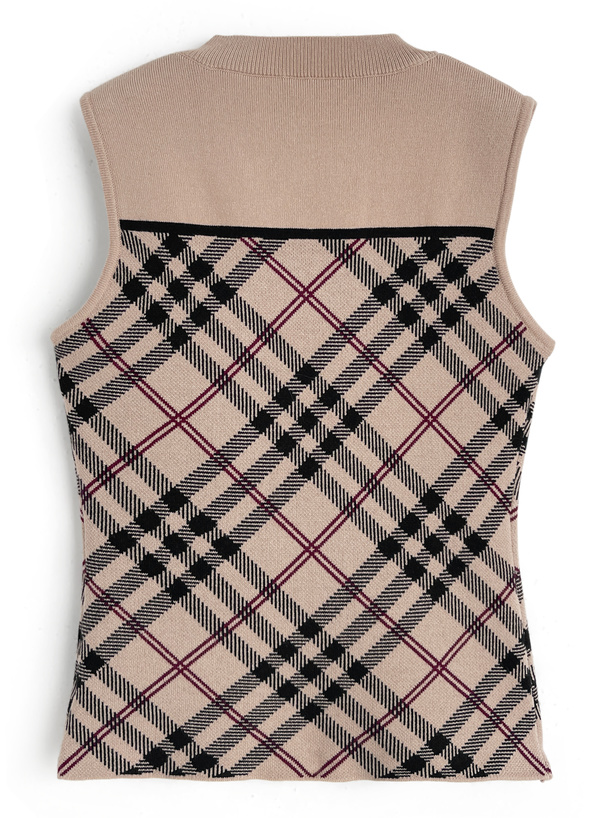 チェック柄フロントオープンリボンノースリーブニットトップス[ru1683