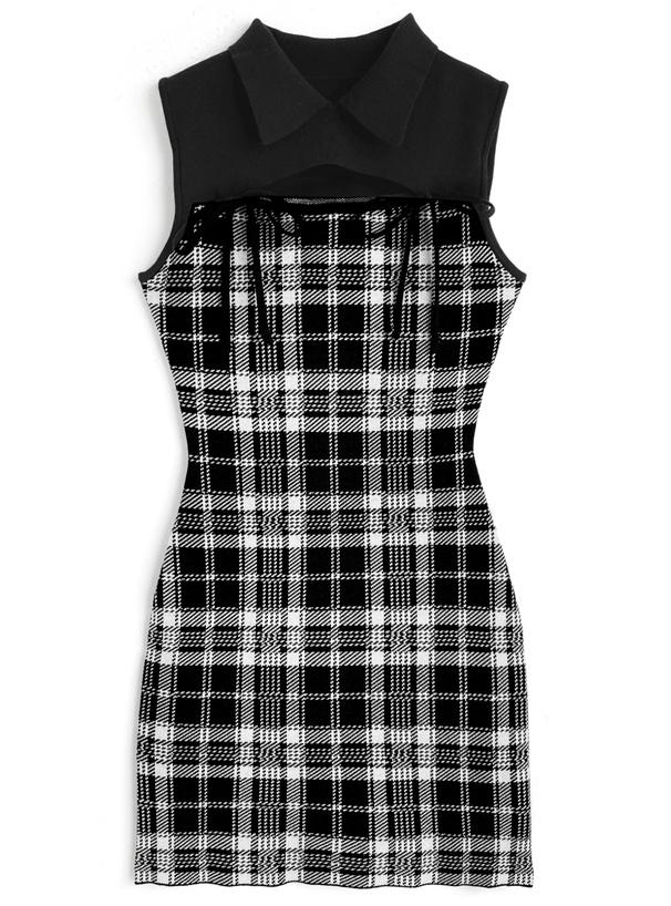 チェック柄フロントオープンリボンノースリーブニットミニワンピース[ru1685]