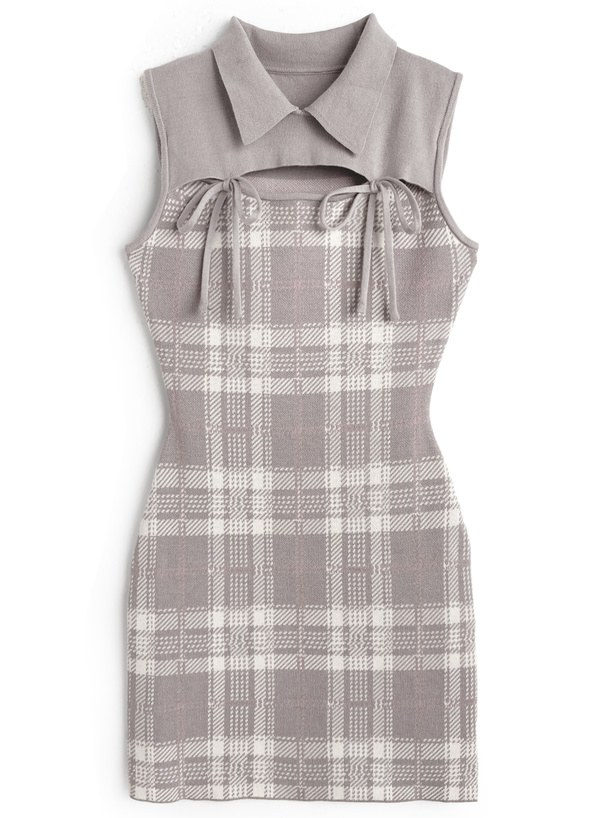 チェック柄フロントオープンリボンノースリーブニットミニワンピース