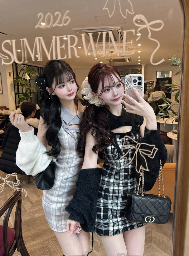 チェック柄フロントオープンリボンノースリーブニットミニワンピース