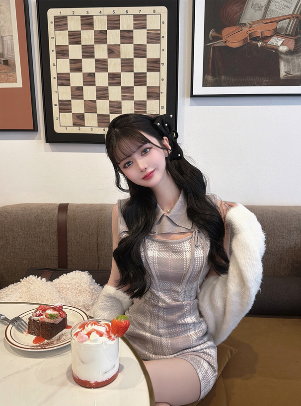 チェック柄フロントオープンリボンノースリーブニットミニワンピース