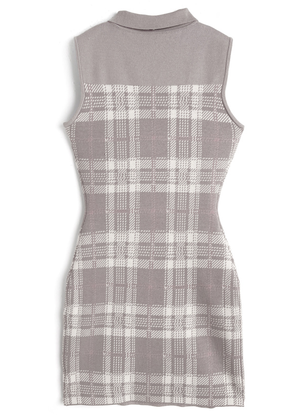 チェック柄フロントオープンリボンノースリーブニットミニワンピース