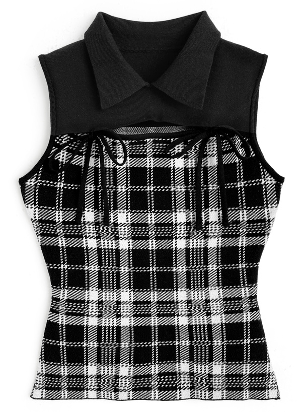 チェック柄フロントオープンリボンノースリーブニットトップス[ru1686]