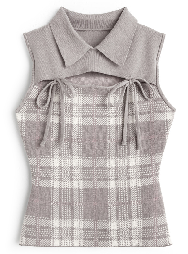 チェック柄フロントオープンリボンノースリーブニットトップス
