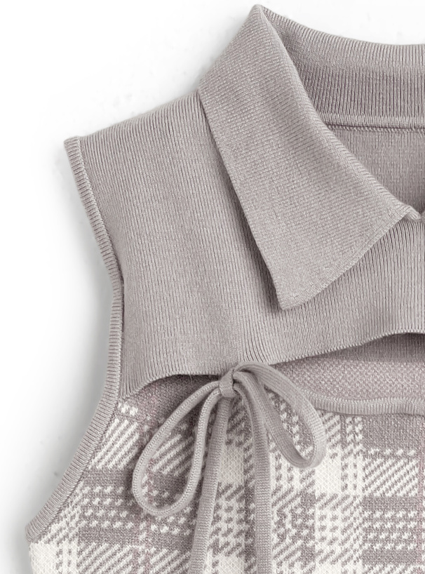 チェック柄フロントオープンリボンノースリーブニットトップス