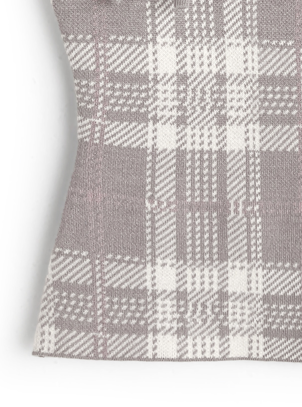 チェック柄フロントオープンリボンノースリーブニットトップス