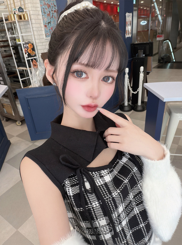 チェック柄フロントオープンリボンノースリーブニットトップス[ru1686