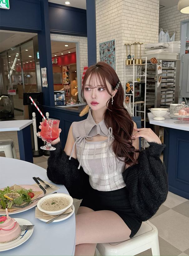 チェック柄フロントオープンリボンノースリーブニットトップス