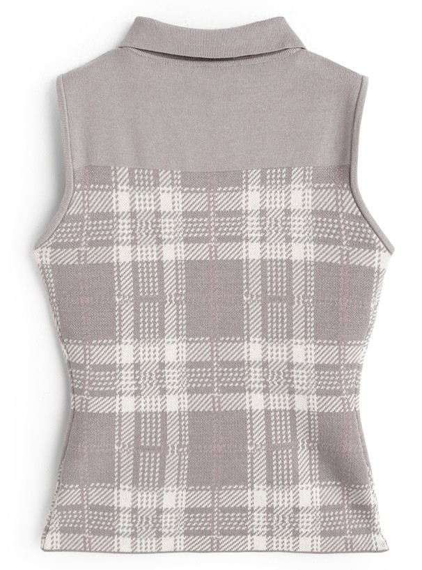 チェック柄フロントオープンリボンノースリーブニットトップス[ru1686