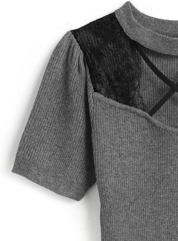 クロスデザインレースニットミニワンピース