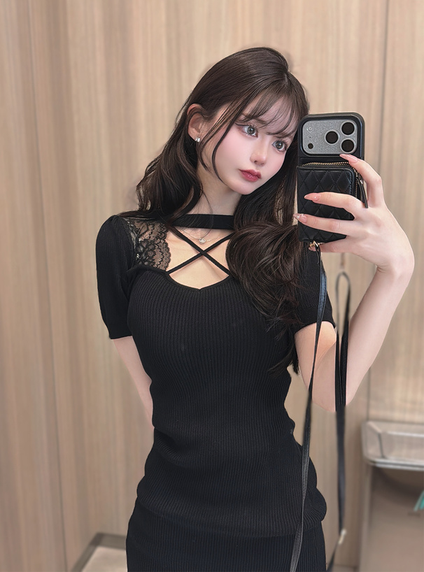 クロスデザインレースニットミニワンピース