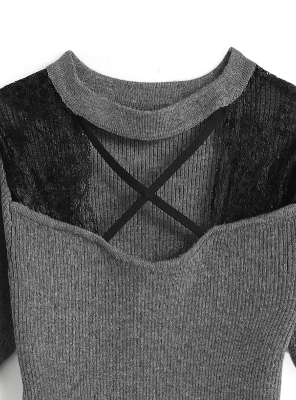 クロスデザインレースニットミニワンピース