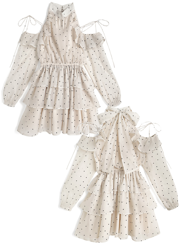 ドット柄ショルダーオープンアメスリティアードミニワンピース