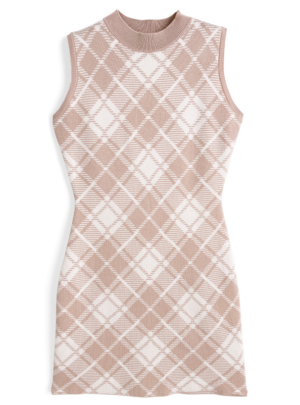 チェック柄ノースリーブニットタイトミニワンピース