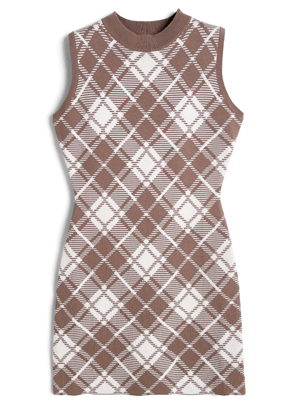 チェック柄ノースリーブニットタイトミニワンピース