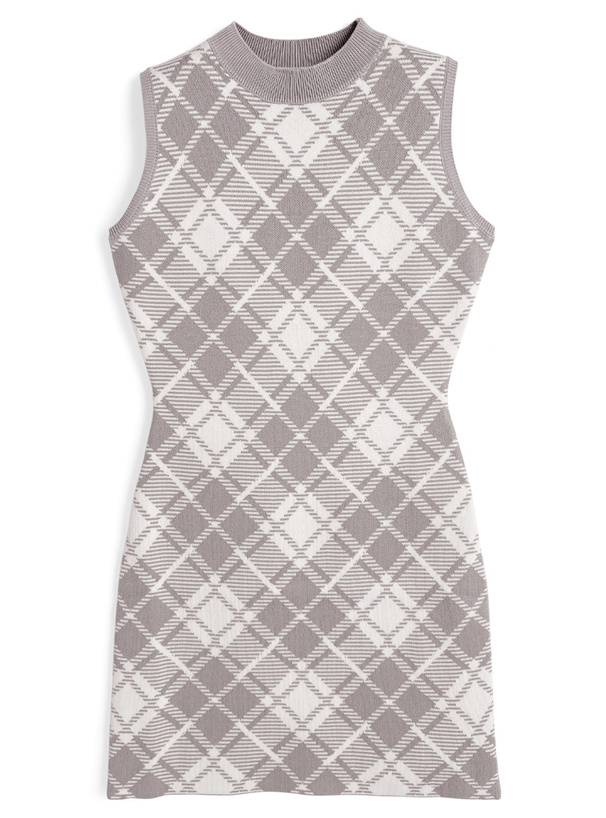 チェック柄ノースリーブニットタイトミニワンピース