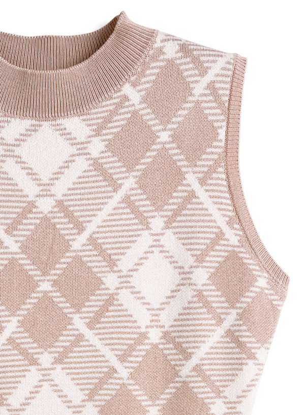 チェック柄ノースリーブニットタイトミニワンピース