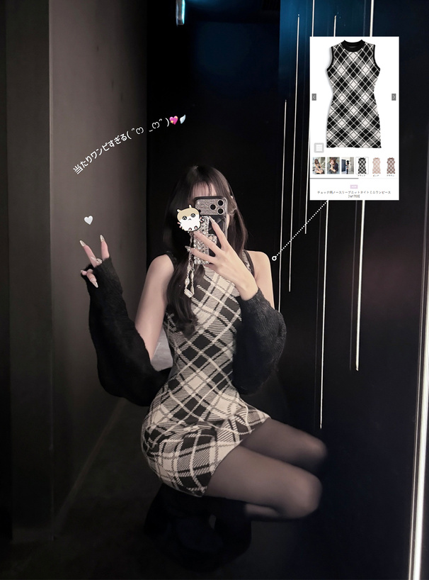 チェック柄ノースリーブニットタイトミニワンピース