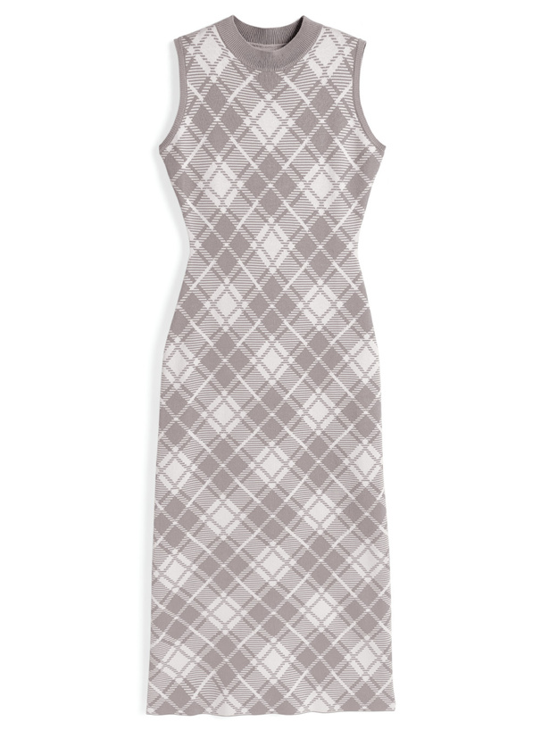 チェック柄ノースリーブニットタイトロングワンピース