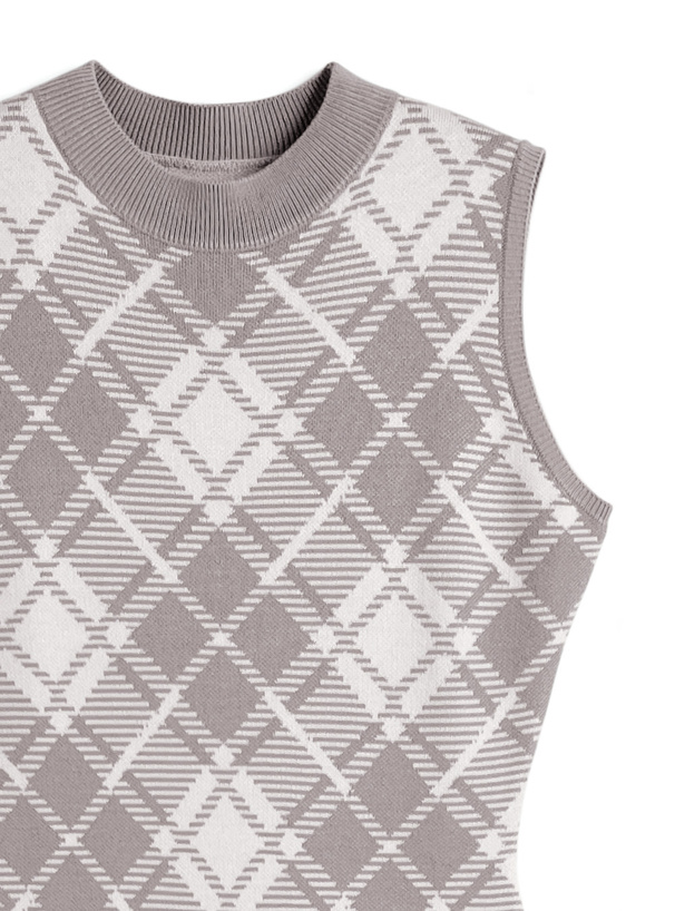 チェック柄ノースリーブニットタイトロングワンピース