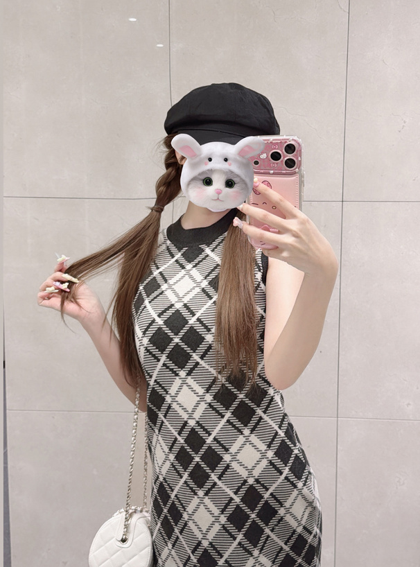 チェック柄ノースリーブニットタイトロングワンピース