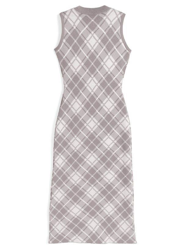 チェック柄ノースリーブニットタイトロングワンピース
