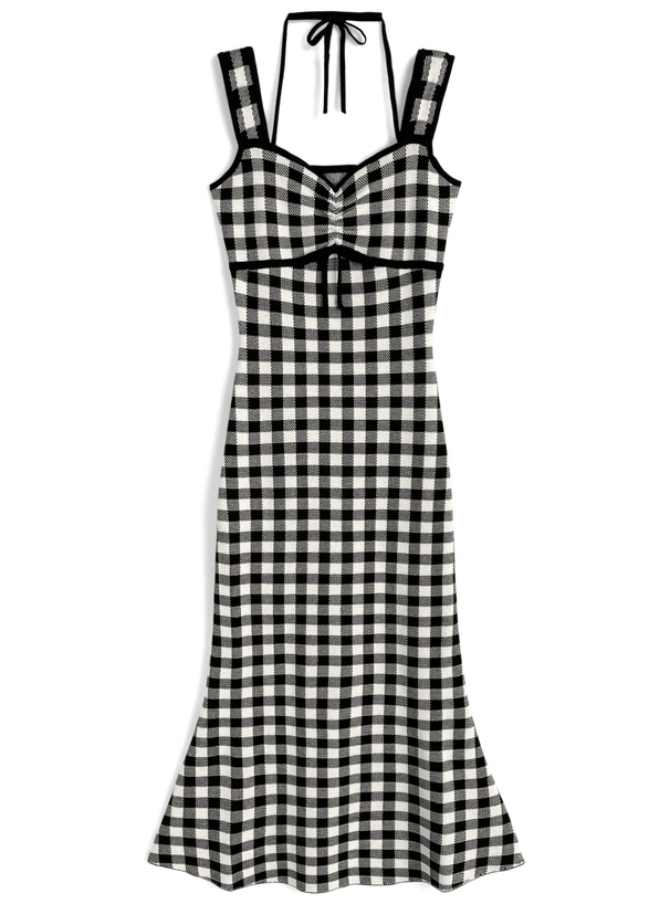 ギンガムチェック柄ホルターネックキャミソールニットワンピース[ru1705]