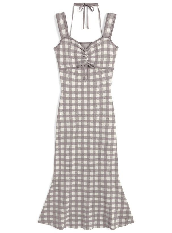 ギンガムチェック柄ホルターネックキャミソールニットワンピース