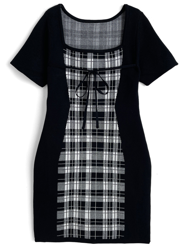 チェック柄リボンニットミニワンピース